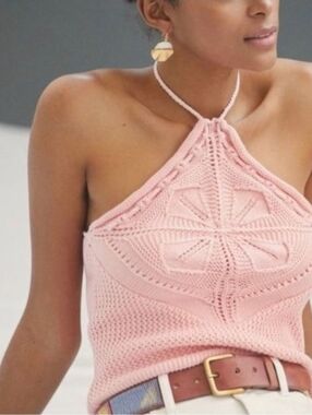 Anthropologie Pink Crochet Halter Tank Top